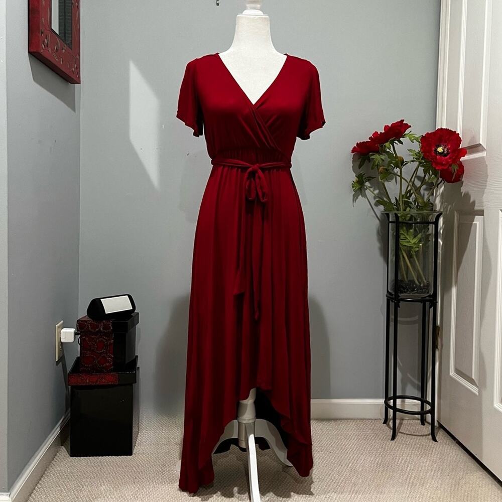 NEW West Kei Modal Jersey Flutter Sleeve Cascading High Low Belted Maxi Dress XS